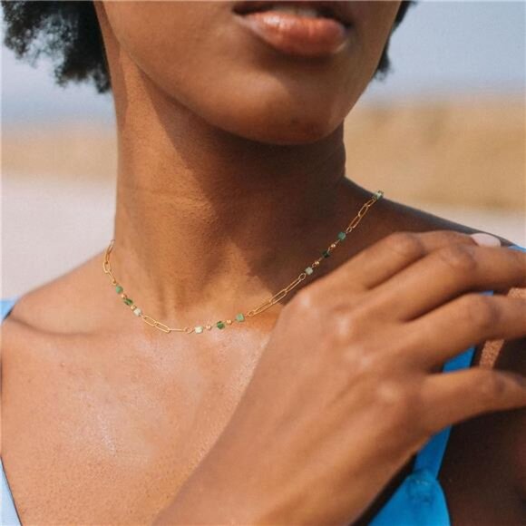 Green Rectangular Bead Choker Necklace | 14K Gold Plated Hypoallergenic - Picture 4 of 4